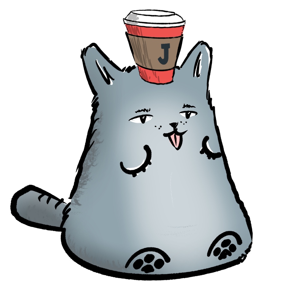 Redraw of James' Mascot Cat with a Coffee Cup on their head