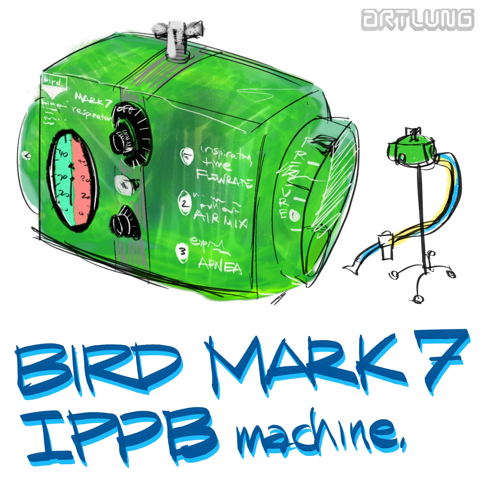 Illustration of the main body of a Bird Mark 7 Ventilator plus a small illustration ion of the machine set up for IPPB with a mouthpiece.